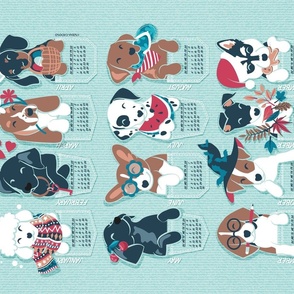 Pure love pockets 2024 calendar TEA TOWEL or WALL HANGING // aqua background Terrier Labrador Retriever Basset Hound Dachshund Welsh Corgi Dalmatian Beagle Jack Russel Italian Greyhound and Husky dog puppies in pockets