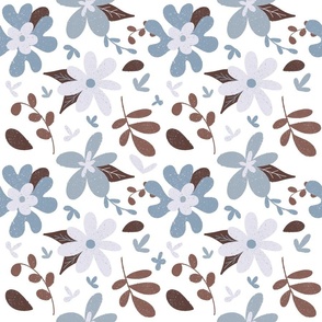 Blue and brown flowers on white