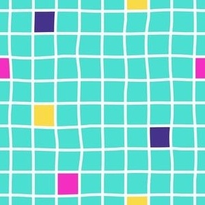 White on teal grid with random colorful squares, funny plaid, colorful checkers