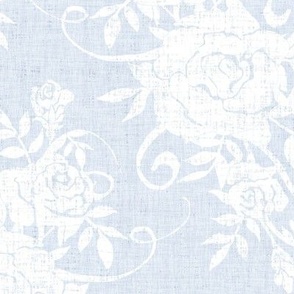 White Distressed Victorian Roses on Pale Cornflower Blue Woven Texture