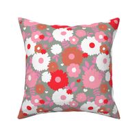 Fat flowers - retro style valentine blossom and leaves garden pink red on olive gray 