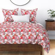 Fat flowers - retro style valentine blossom and leaves garden pink red on olive gray 