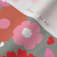 Fat flowers - retro style valentine blossom and leaves garden pink red on olive gray 