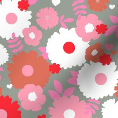 Fat flowers - retro style valentine blossom and leaves garden pink red on olive gray 