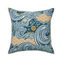 Sea Adventure Block Print Medium Scale- Teal Blue and Mustard- Golden Waves- Origami Paper Boat- Japanese- Big Wave Hokusai- Nautical Home Decor- Waves Wallpaper