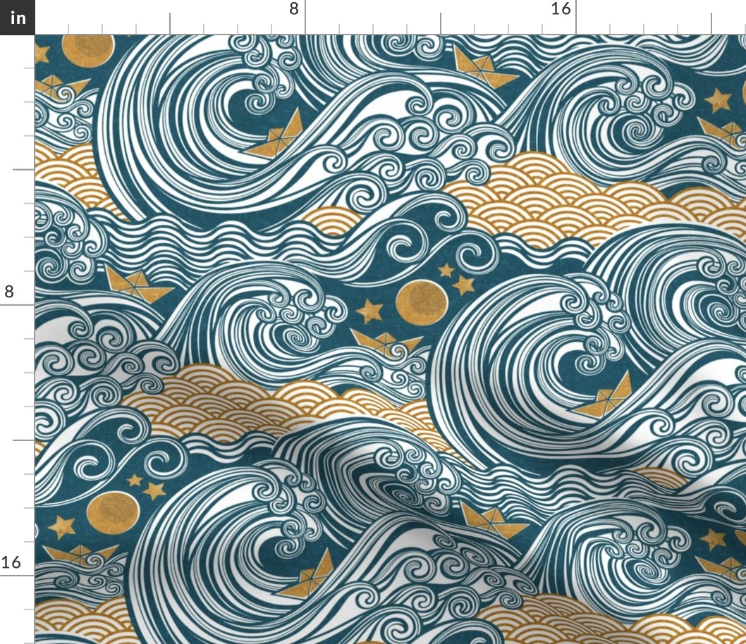 Sea Adventure Block Print Medium Scale- Teal Blue and Mustard- Golden Waves- Origami Paper Boat- Japanese- Big Wave Hokusai- Nautical Home Decor- Waves Wallpaper