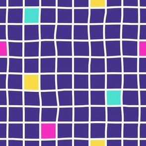 Simple blue and white hand drawn grid with random colorful squares, fun plaid