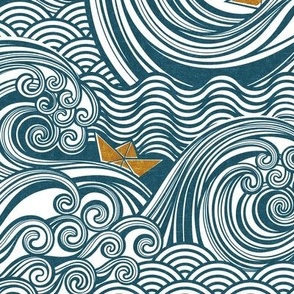 Sea Adventure Block Print Medium Scale- Teal Blue and Mustard- Golden Yellow- Origami Paper Boat- Japanese- Big Wave Hokusai- Nautical Home Decor- Waves Wallpaper