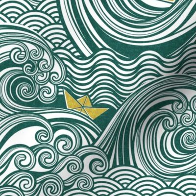 Sea Adventure Block Print Medium Scale- Emerald Green and Mustard- Golden Yellow- Origami Paper Boat- Japanese- Big Wave Hokusai- Nautical Home Decor- Waves Wallpaper