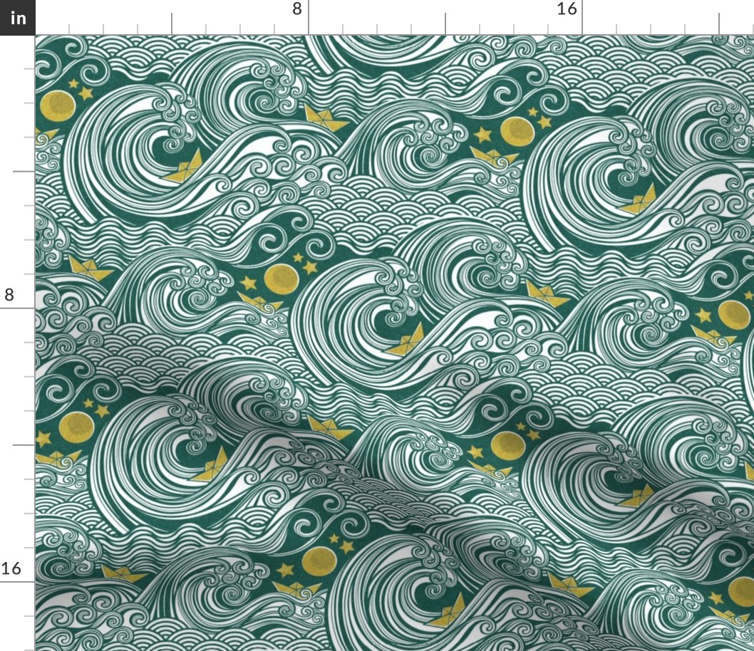 Sea Adventure Block Print Small Scale- Emerald Green and Mustard- Golden Yellow- Origami Paper Boat- Japanese- Big Wave Hokusai- Nautical Home Decor- Waves Wallpaper