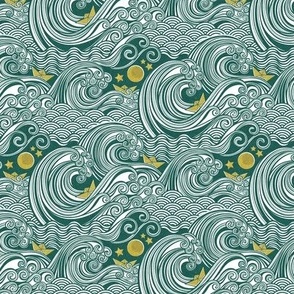 Sea Adventure Block Print Mini Scale- Emerald Green and Mustard- Golden Yellow- Origami Paper Boat- Japanese- Big Wave Hokusai- Nautical Home Decor- Waves Wallpaper