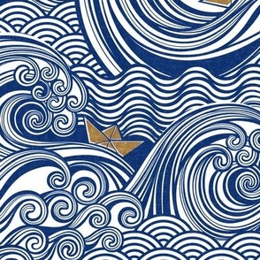 Sea Adventure Block Print Medium Scale- Royal Blue and Golden Yellow- Origami Paper Boat- Japanese- Big Wave Hokusai- Nautical Home Decor- Waves Wallpaper