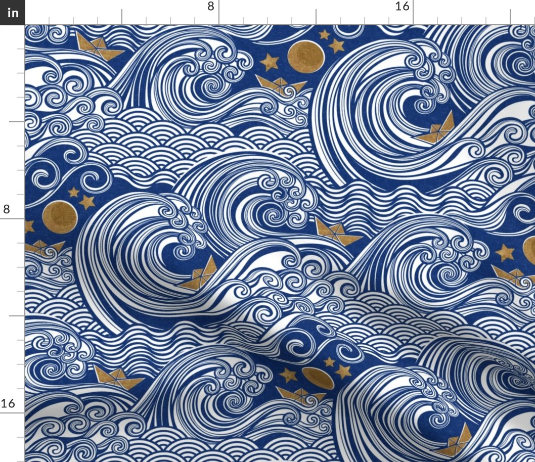 Sea Adventure Block Print Medium Scale- Royal Blue and Golden Yellow- Origami Paper Boat- Japanese- Big Wave Hokusai- Nautical Home Decor- Waves Wallpaper