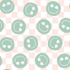 Shamrock Happy Faces - pink grid - LAD22
