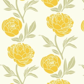 Woodblock peonies in green and yellow light - large