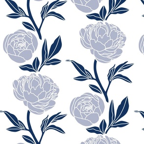 Woodblock peonies blue on white- large scale