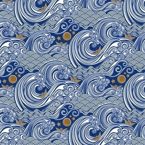 Sea Adventure Block Print Mini Scale- Royal Blue and Golden Yellow- Origami Paper Boat- Japanese- Big Wave Hokusai- Nautical Home Decor- Waves Wallpaper