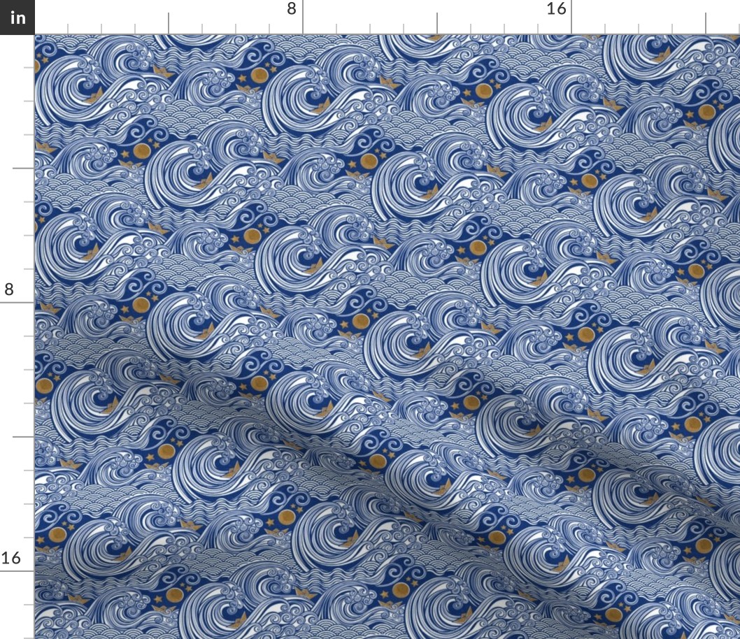 Sea Adventure Block Print Mini Scale- Royal Blue and Golden Yellow- Origami Paper Boat- Japanese- Big Wave Hokusai- Nautical Home Decor- Waves Wallpaper