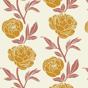 Woodblock peonies in gold and rose - large 