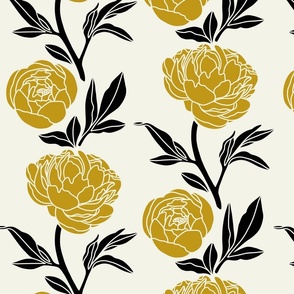 Woodblock peonies in black and gold - large scale