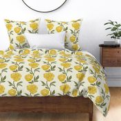 Woodblock peonies in green and yellow - large scale