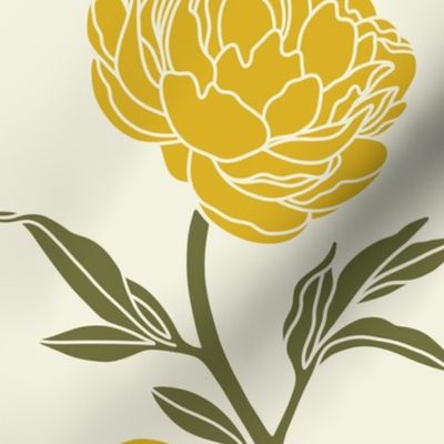 Woodblock peonies in green and yellow - large scale