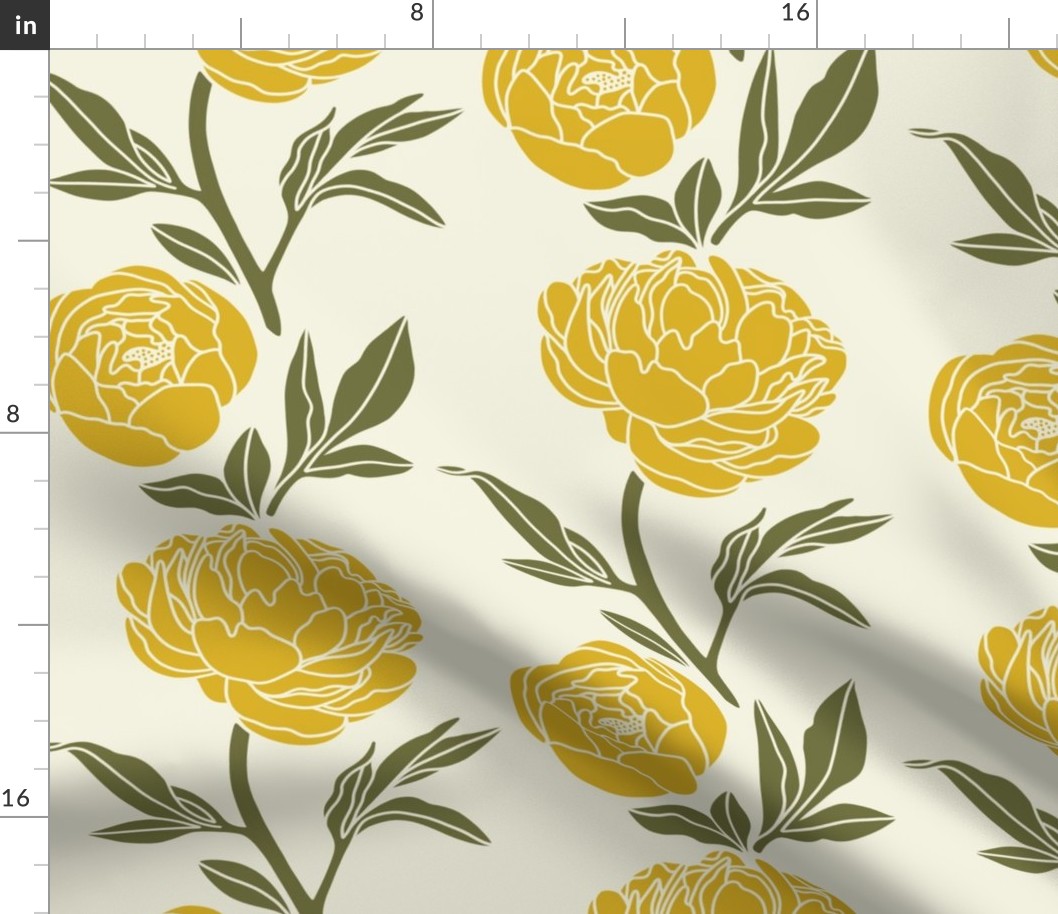Woodblock peonies in green and yellow - large scale