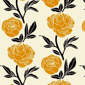 Woodblock peonies in black and orange- large