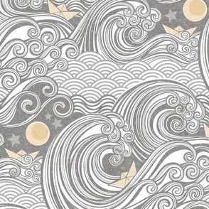 Sea Adventure Block Print Small Scale- Silver and Gold- Origami Paper Boat- Japanese- Big Wave Hokusai- Nautical Home Decor- Waves Wallpaper- Gray- Grey- Neutral