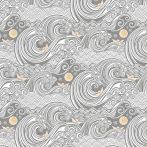 Sea Adventure Block Print Mini Scale- Silver and Gold- Origami Paper Boat- Japanese- Big Wave Hokusai- Nautical Home Decor- Waves Wallpaper- Gray- Grey- Neutral