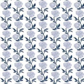 Woodblock peonies blue on white- s