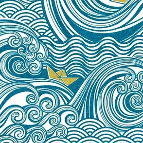 Sea Adventure Block Print Medium Scale- Turquoise Blue and Golden Yellow- Origami Paper Boat- Japanese- Big Wave Hokusai- Nautical Home Decor- Waves Wallpaper2