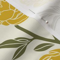 Woodblock peonies in green and yellow - medium scale