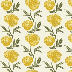 Woodblock peonies in green and yellow - medium scale