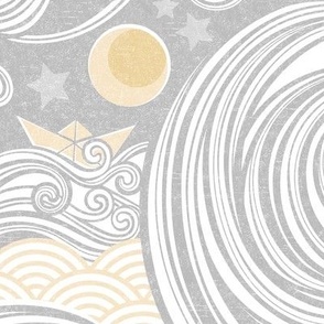 Sea Adventure Block Print Large Scale- Light Silver and Gold- Golden Waves- Origami Paper Boat- Japanese- Big Wave Hokusai- Nautical Home Decor- Waves Wallpaper- Gray- Grey- Neutral