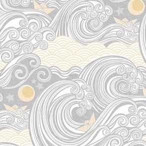 Sea Adventure Block Print Small Scale- Light Silver and Gold- Golden Waves- Origami Paper Boat- Japanese- Big Wave Hokusai- Nautical Home Decor- Waves Wallpaper- Gray- Grey- Neutral