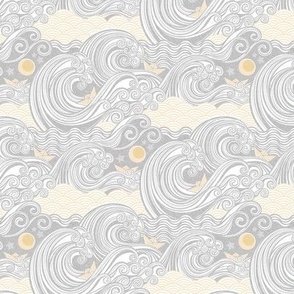 Sea Adventure Block Print Mini Scale- Light Silver and Gold- Golden Waves- Origami Paper Boat- Japanese- Big Wave Hokusai- Nautical Home Decor- Waves Wallpaper- Gray- Grey- Neutral