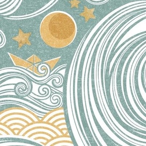 Sea Adventure Block Print Large Scale- Mint and Gold- Golden Waves- Origami Paper Boat- Japanese- Big Wave Hokusai- Nautical Home Decor- Waves Wallpaper- Teal Green- Yellow Mustard