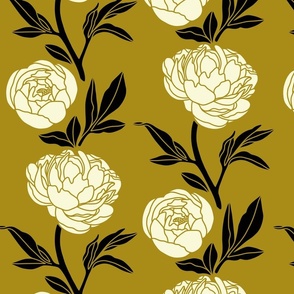 Woodblock lilies in ochre and black - large scale