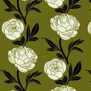 Woodblock peonies in green and black - large