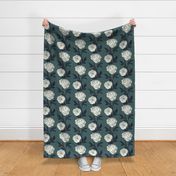 Woodblock peonies on blue - large scale