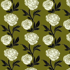 Woodblock peonies in green and black- medium scale