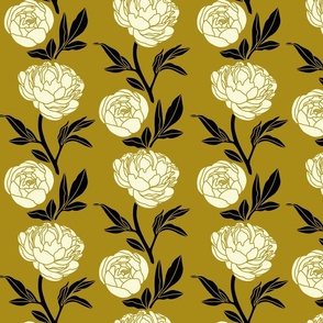 Woodblock peonies in ochre and black - medium scale 