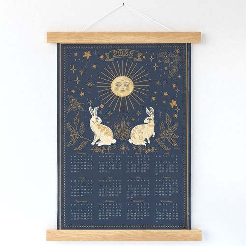 2023 Year of the Rabbit Mystical Calendar in navy, gold, ivory and buttercream yellow