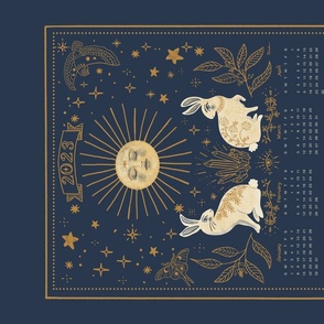 2023 Year of the Rabbit Mystical Calendar in navy, gold, ivory and buttercream yellow