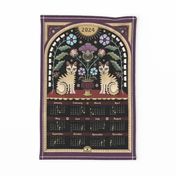 2024 cats and folk flowers lunar calendar moon phases wall hanging/ tea towel - purple and red