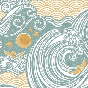 Sea Adventure Block Print Medium Scale- Mint and Gold- Golden Waves- Origami Paper Boat- Japanese- Big Wave Hokusai- Nautical Home Decor- Waves Wallpaper- Teal Green- Yellow Mustard