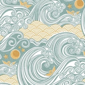 Sea Adventure Block Print Small Scale- Mint and Gold- Golden Waves- Origami Paper Boat- Japanese- Big Wave Hokusai- Nautical Home Decor- Waves Wallpaper- Teal Green- Yellow Mustard