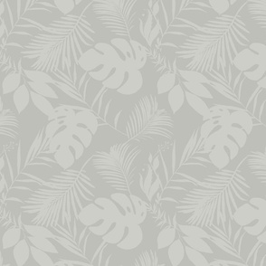 Tropical Monstera And Palm Leaf Pattern In Neutral Greys II Smaller Scale