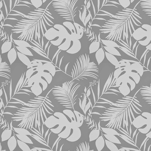 Tropical Monstera And Palm Leaf Pattern In Neutral Greys